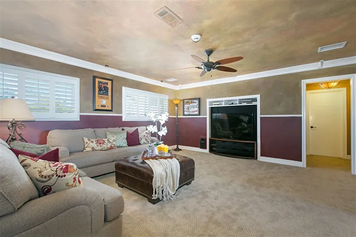 22x16 Media Room with room  for a large flat screen. Behind the TV is an equipment room with space for several 19" equipment rack mounts. Through the door on the right is a "Snook." (Study and a nook 10x6. Great for small office or study.