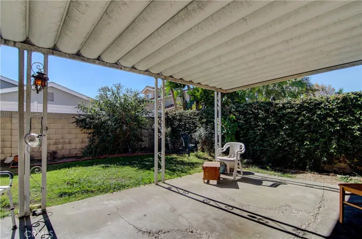 Covered patio in South facing back yard.