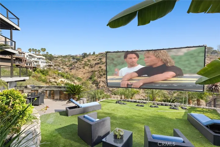 Beautiful landscaping and custom hardscaping are displayed in a terraced backyard.
