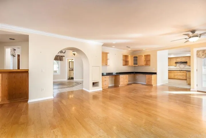 Family room with built-in desk area.