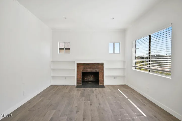 fireplace and bookshelves