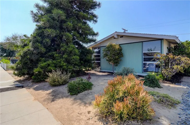 Mid-Century Modern details include floor to ceiling windows, low pitched roofline and vertical wood siding...EZ care low water landscape too!