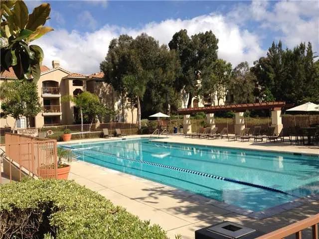 Heated 25 meter lap pool with BBQ grills and lounge chairs. Hot tub off to the side.