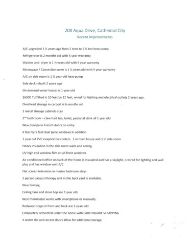 Improvements List for 208 Aqua