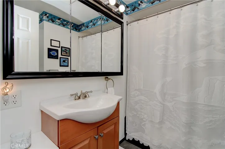 Guest/hall bath has large storage cabinet and tub/shower combo.