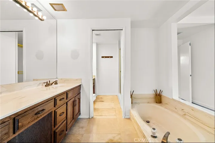 Double sinks, vanity, tub and shower.