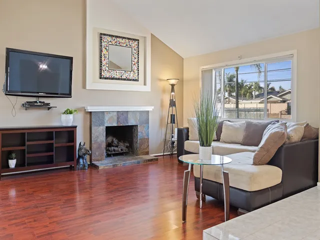 Living Room with Fire Place and beautiful veiw of the snowy Mt. Baldy Mountains