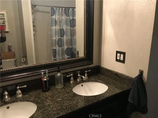 Hall bathroom with double sink tub and shower