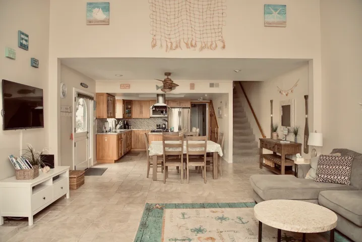 Family room view into kitchen.
