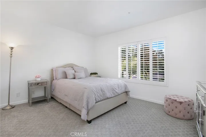 Master with low profile designer carpet, shutters and dual closets
