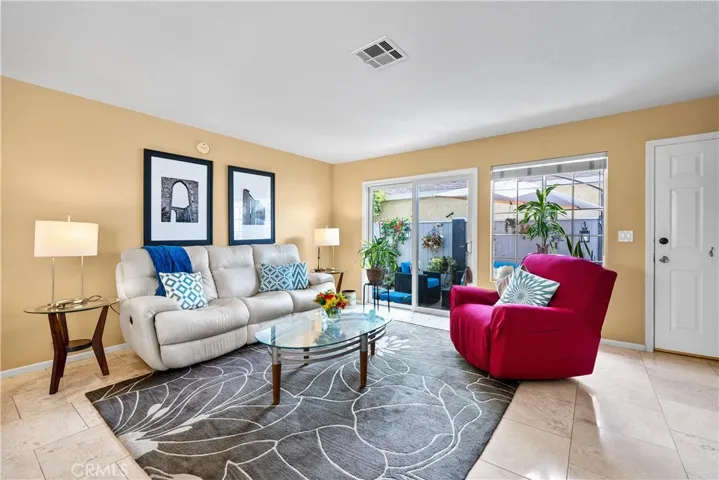 Family Room  with Travertine floors