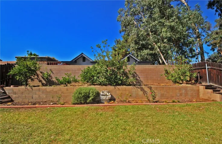 Block wall with raised garden bed and fruit trees