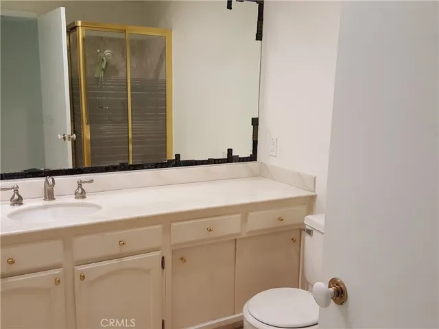 Guest bathroom vanity area showing a glass enclosed shower stall.