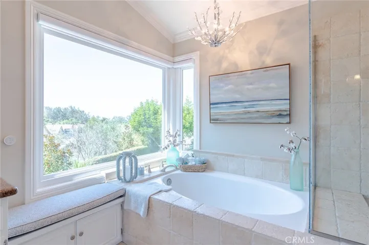 Master bathroom with tub and large window with a view.