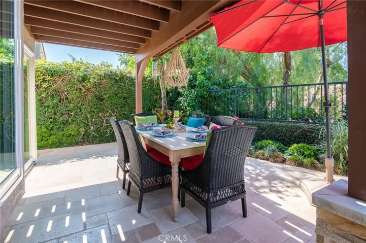Private backyard with patio overhang, located off the family room