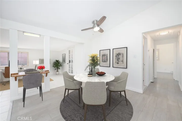 Virtually staged dining area. Cute vintage-style built-in checker table!