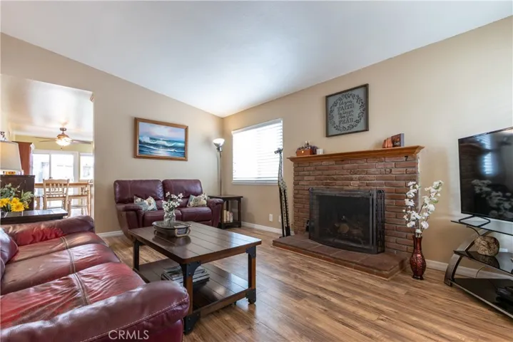 Spacious living room with cozy fireplace