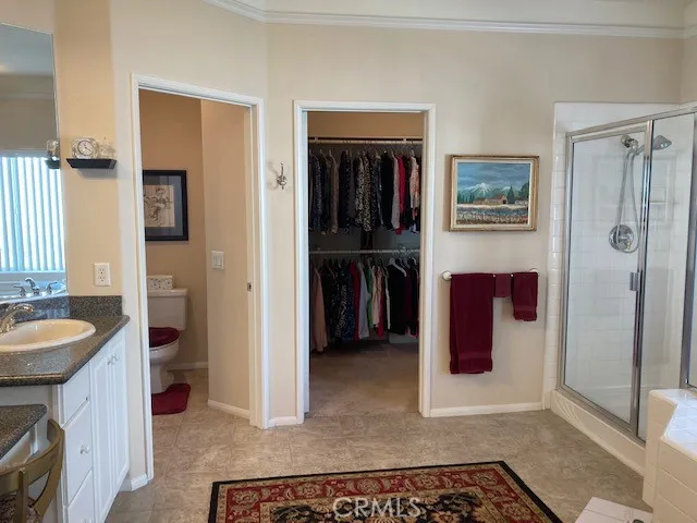Primary bathroom opens to a large walk-in closet.