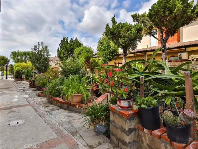 Side yard garden with fruit trees