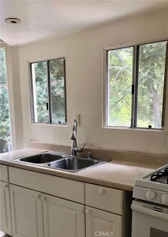 Lovely kitchen with tranquil view, double stainless steel sinks and gas range.