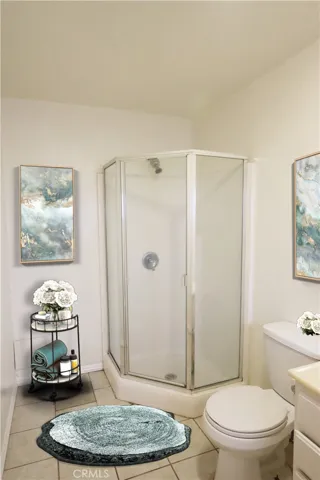 Bath commode and shower area. This room is very large, with room for additional linen storage.