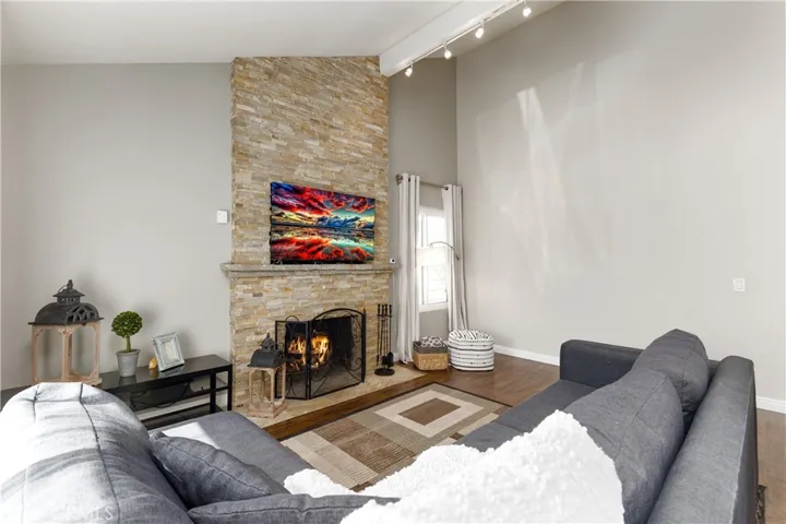 Living Room with travertine fireplace