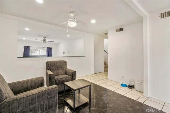 Dining area overlooks family room.