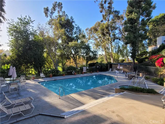 Community pool and jacuzzi. Trees and view of Craig Park.