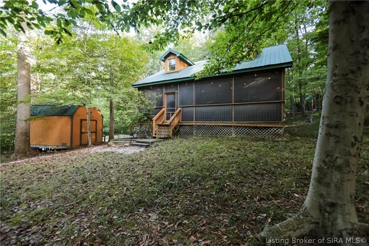 Cozy cabin surrounded by trees.