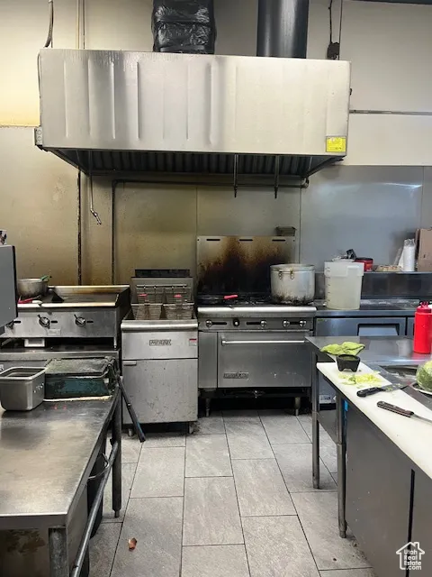 2592.Kitchen with ventilation hood and stainless steel gas range oven