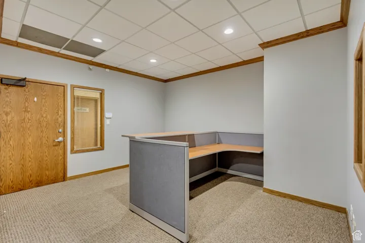 Unfurnished office with baseboards, carpet flooring, and recessed lighting
