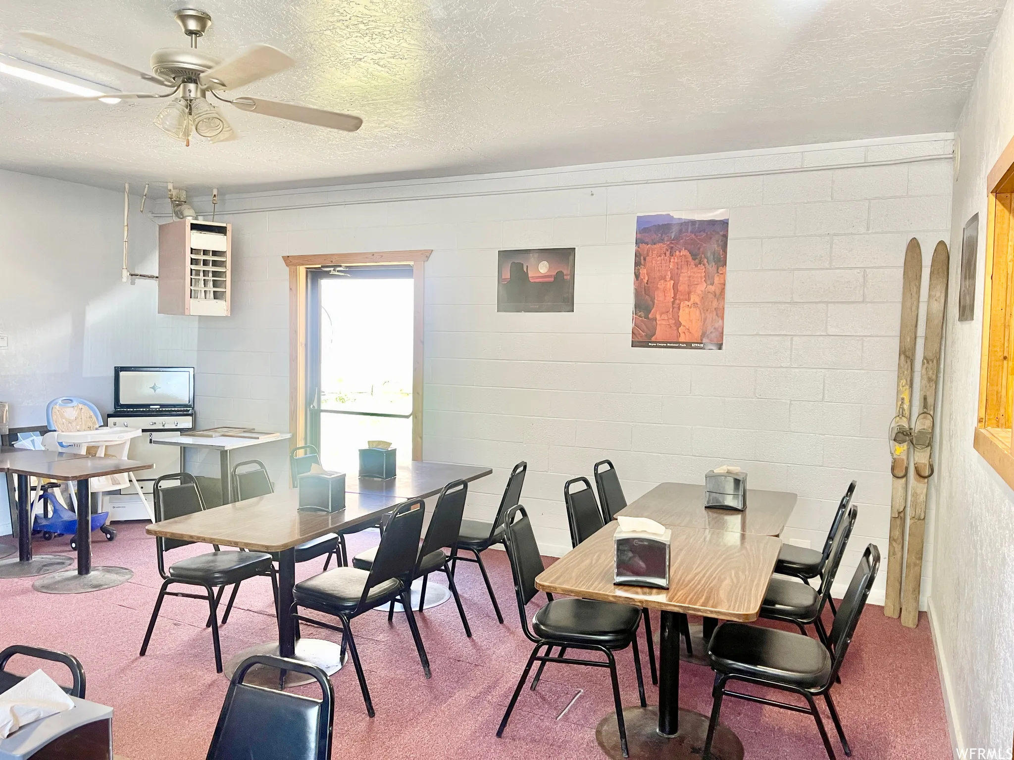 Dining area featuring a ceiling fan, natural light, and TV