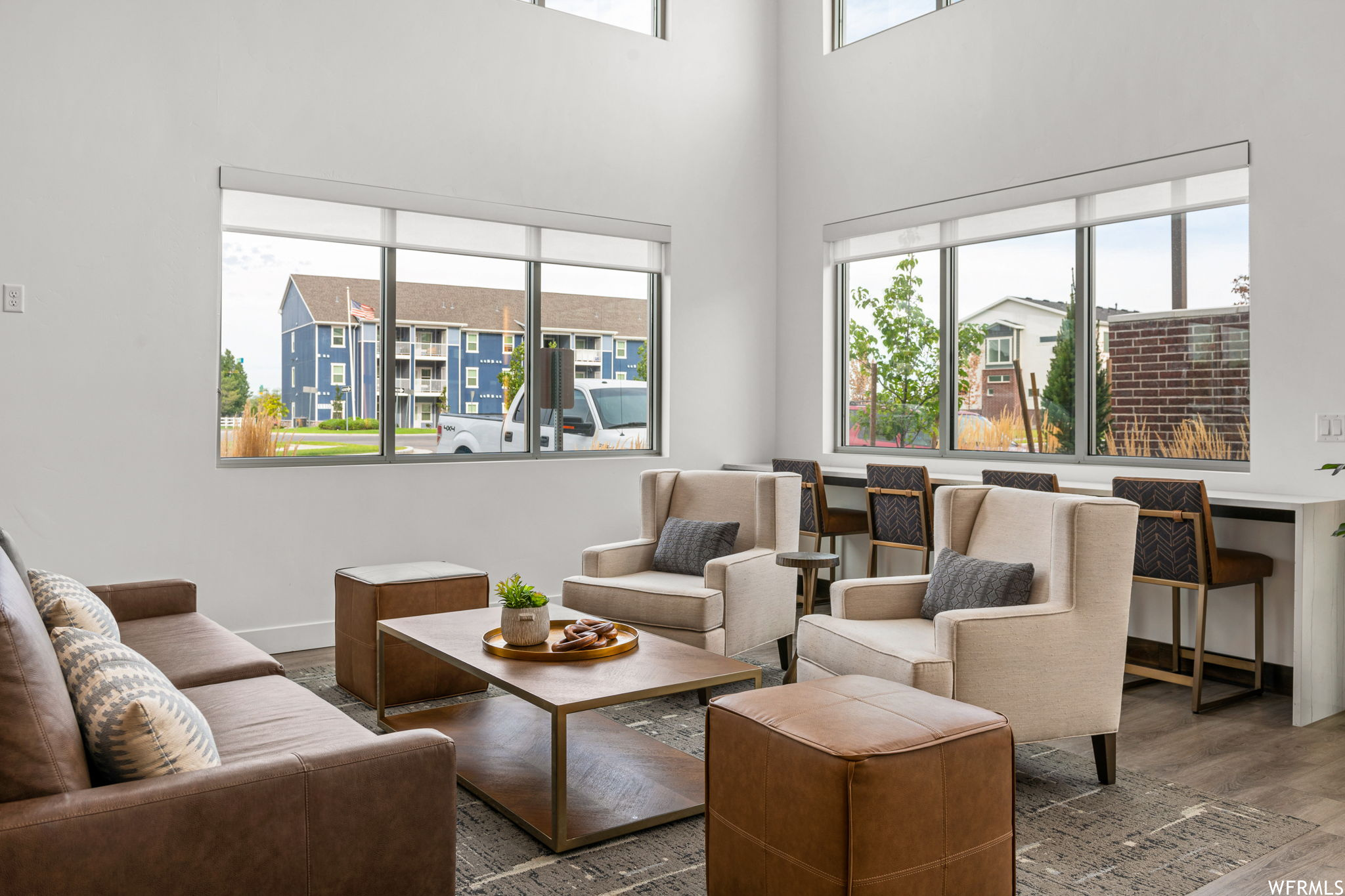 View of hardwood floored living room