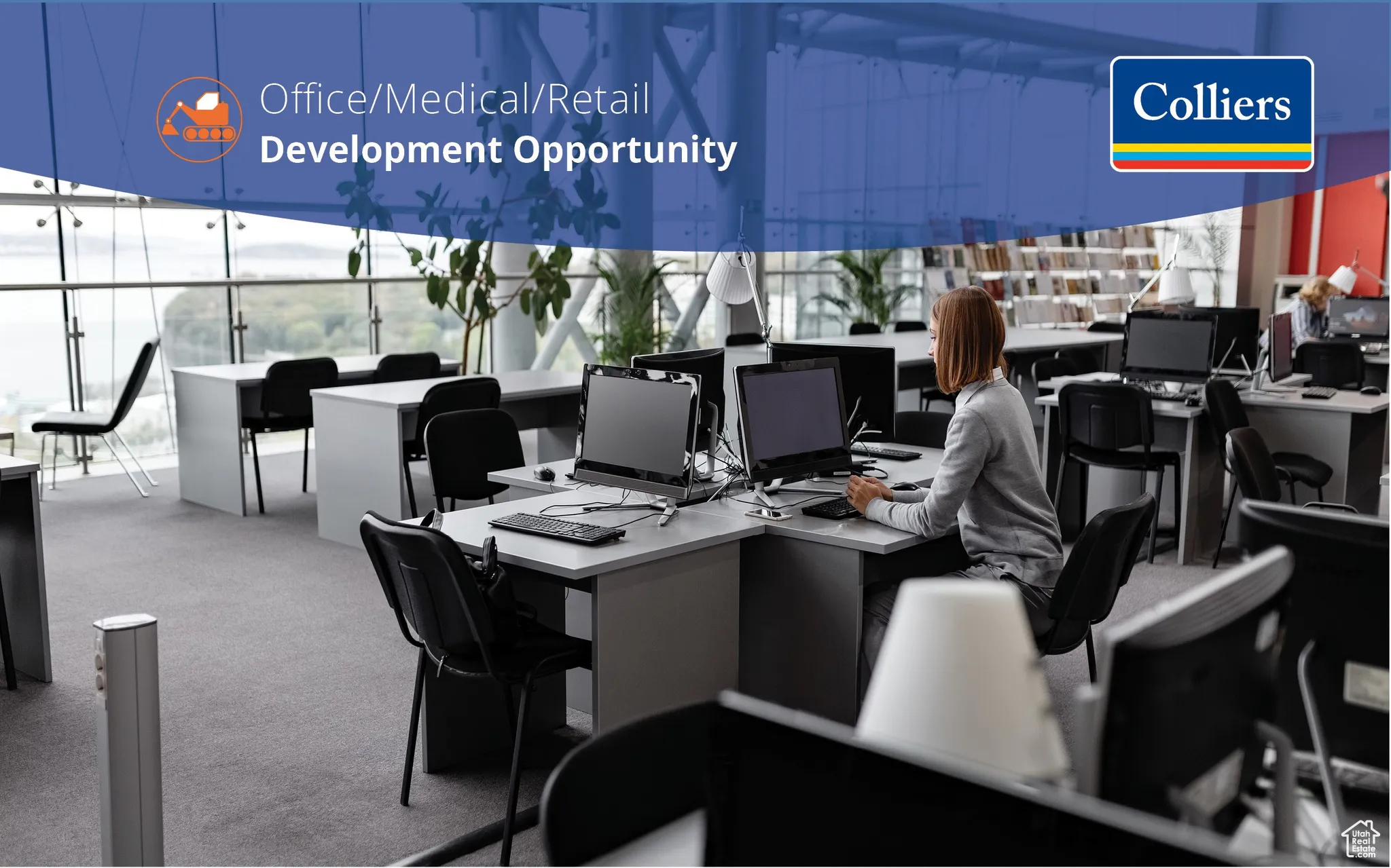 Home office with carpet and floor to ceiling windows