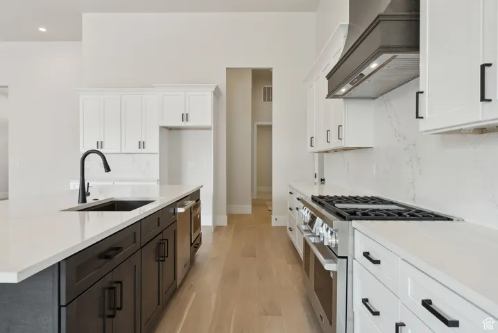 Kitchen featuring high end stove, a sink, backsplash, and custom exhaust hood