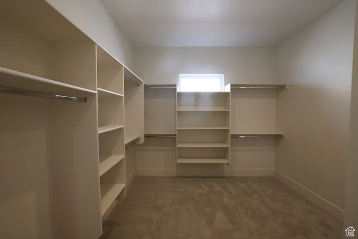 HIS Walk in closet with carpet floors