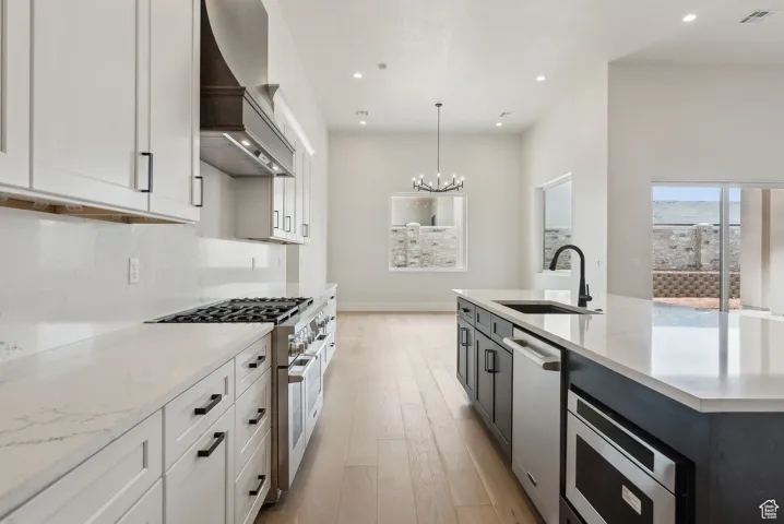 Kitchen featuring appliances with stainless steel finishes, a sink, light wood-style floors, visible vents, and custom exhaust hood