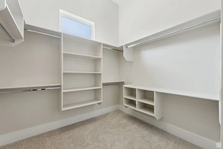 Spacious closet with light colored carpet