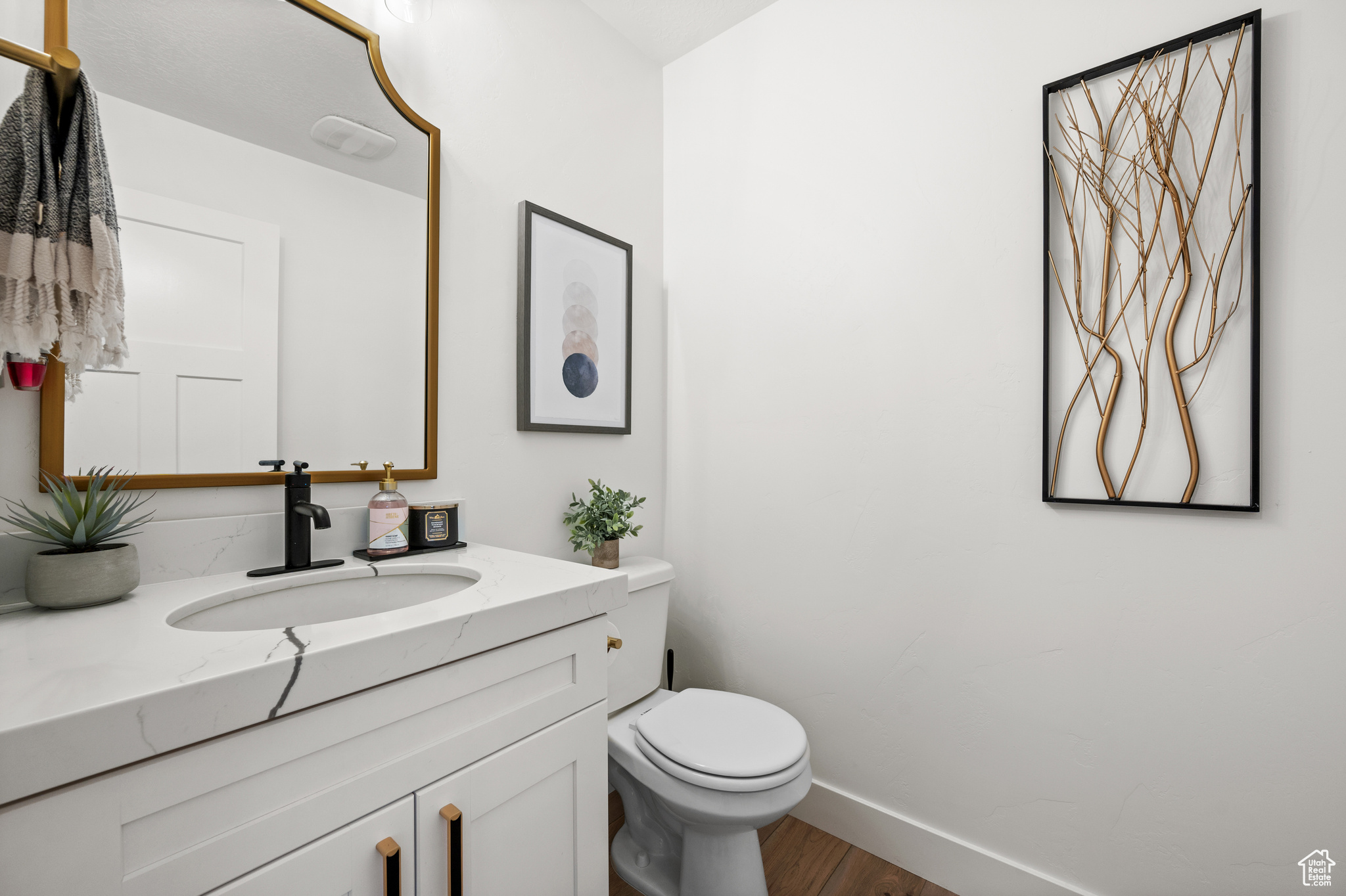 Bathroom with vanity with extensive cabinet space, toilet, and hardwood / wood-style floors