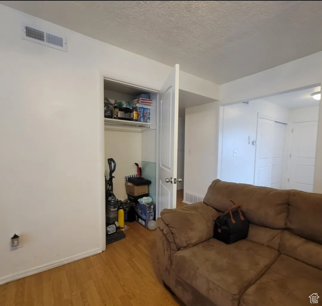 Living room featuring light hardwood / wood-style floors and a textured ceiling