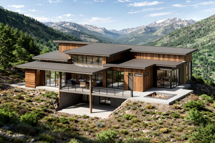 Back of property featuring a patio area, a mountain view, and a fire pit