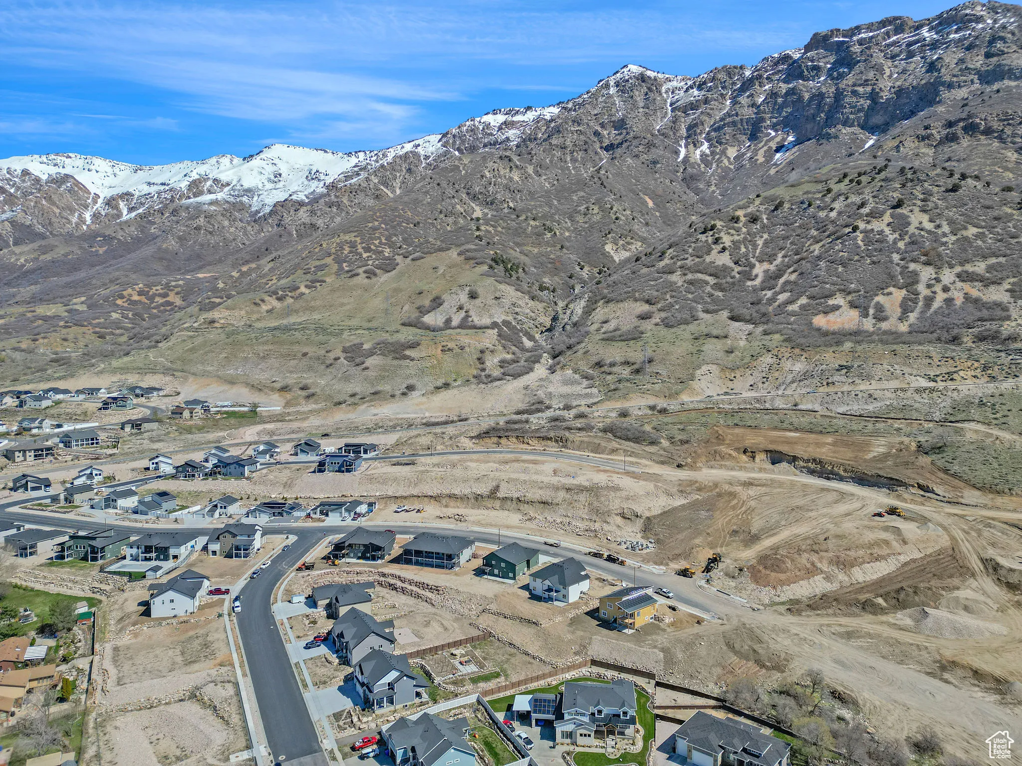 Birds eye view of property with a mountain view and a residential view