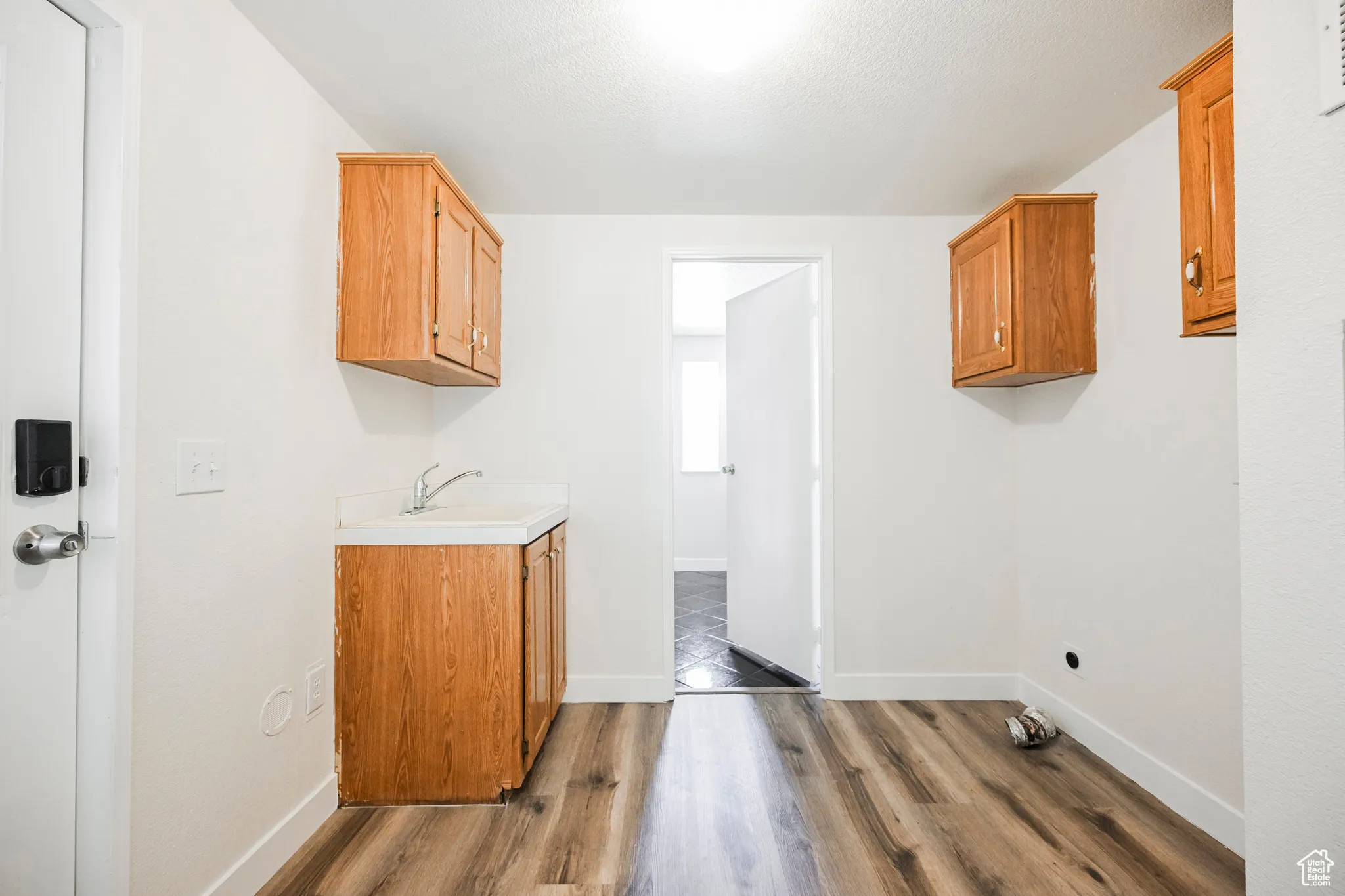Clothes washing area with sink and light hardwood / wood-style floors
