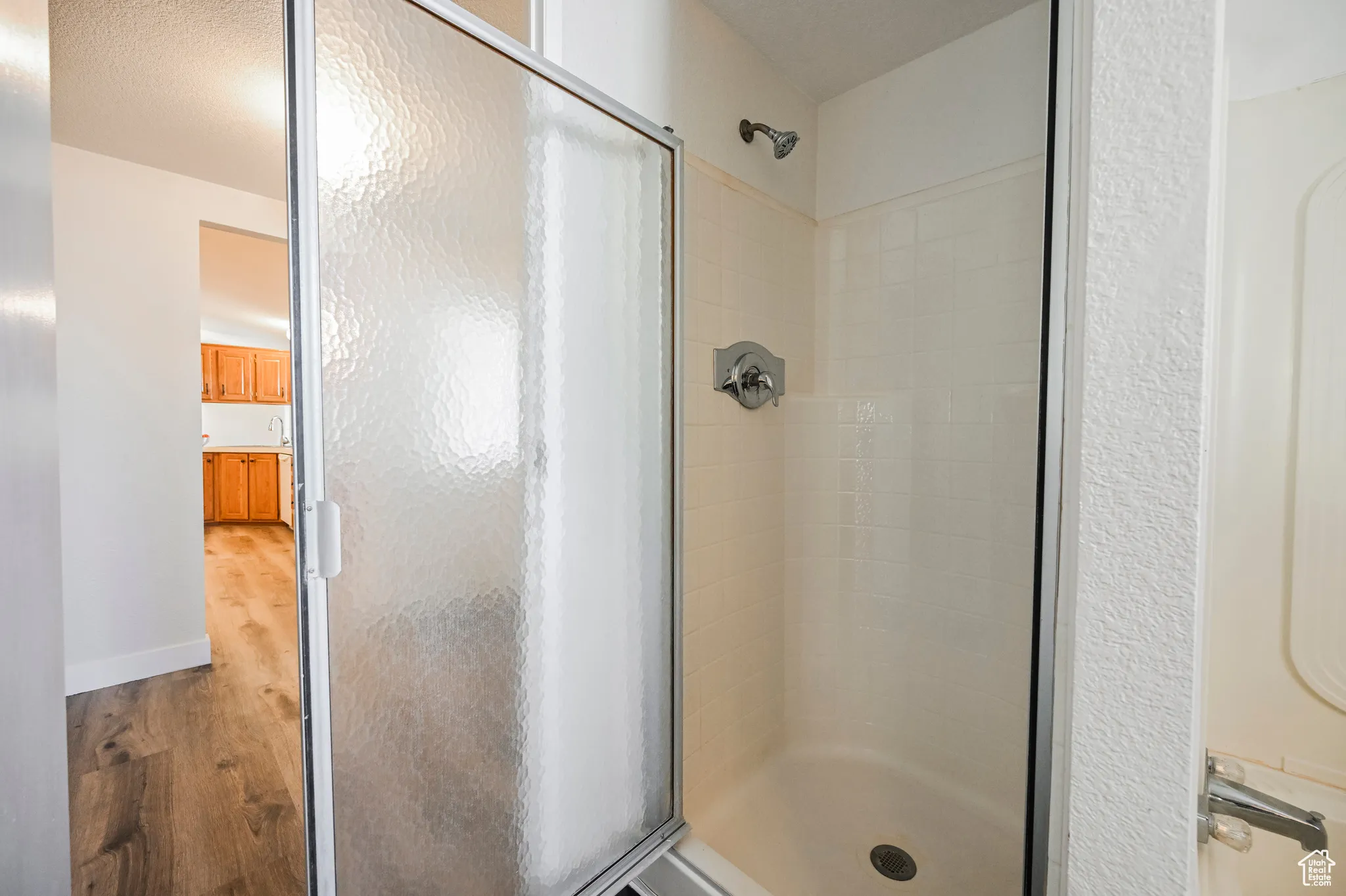 Bathroom with hardwood / wood-style floors and walk in shower