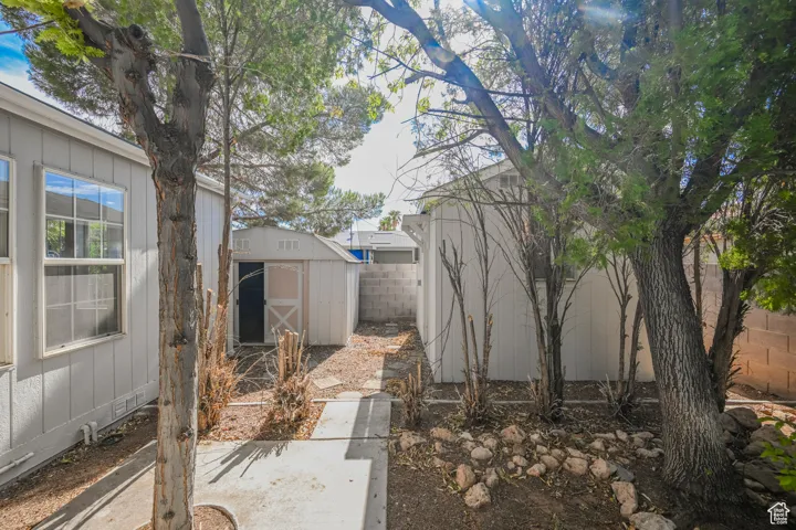 View of yard with a shed