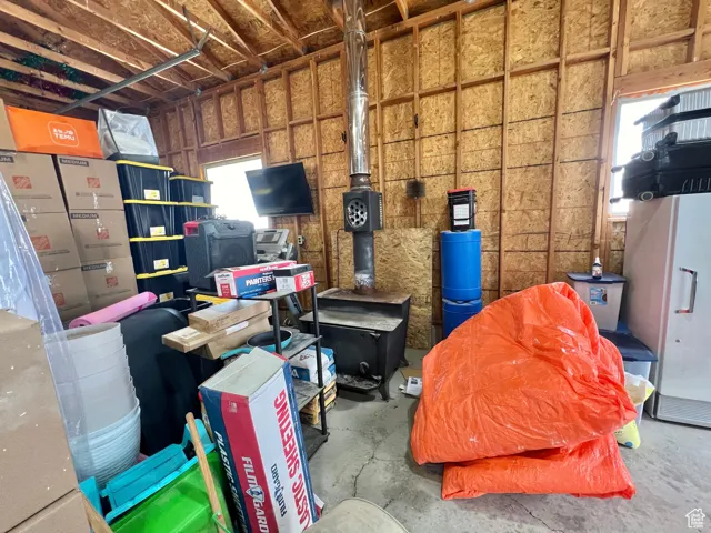 Garage workshop with wood burning stove