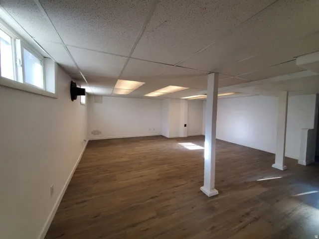 basement living- room with a drop ceiling and brand new LVP wood finished floors