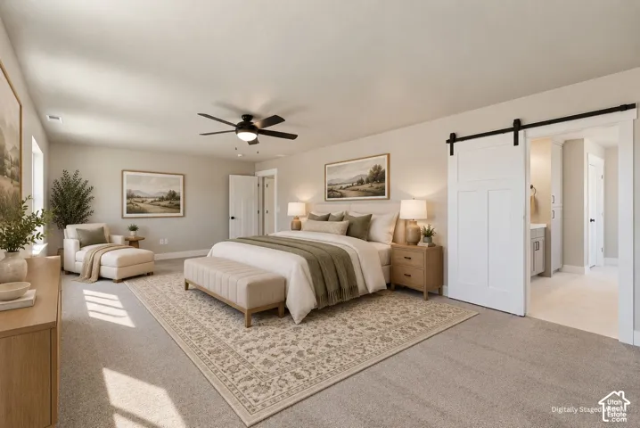 Spacious room with light neutral wall color, ceiling fan, and carpeted flooring