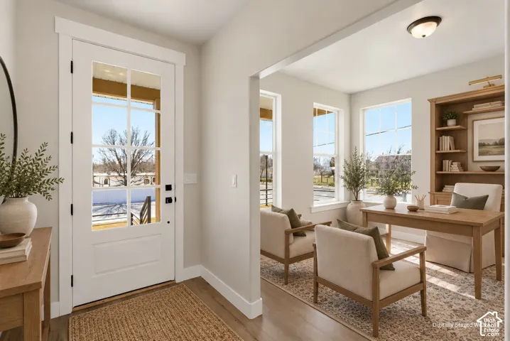 Entryway featuring a paneled glass-insert door with transom, wood-finish flooring, and bright white trim