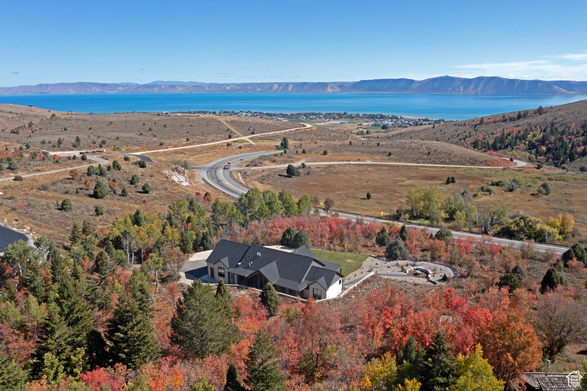 Aerial view of a water and mountain view